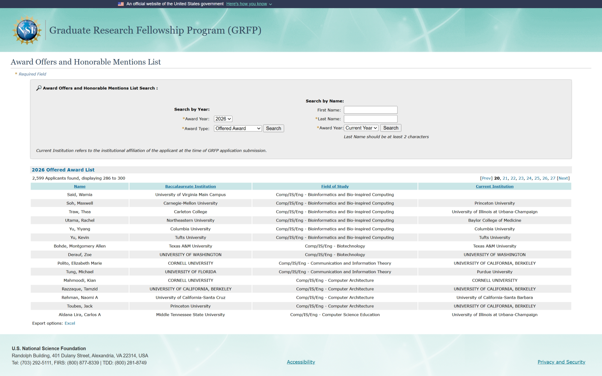 Screenshot of my name listed on the official NSF GRFP awardee list